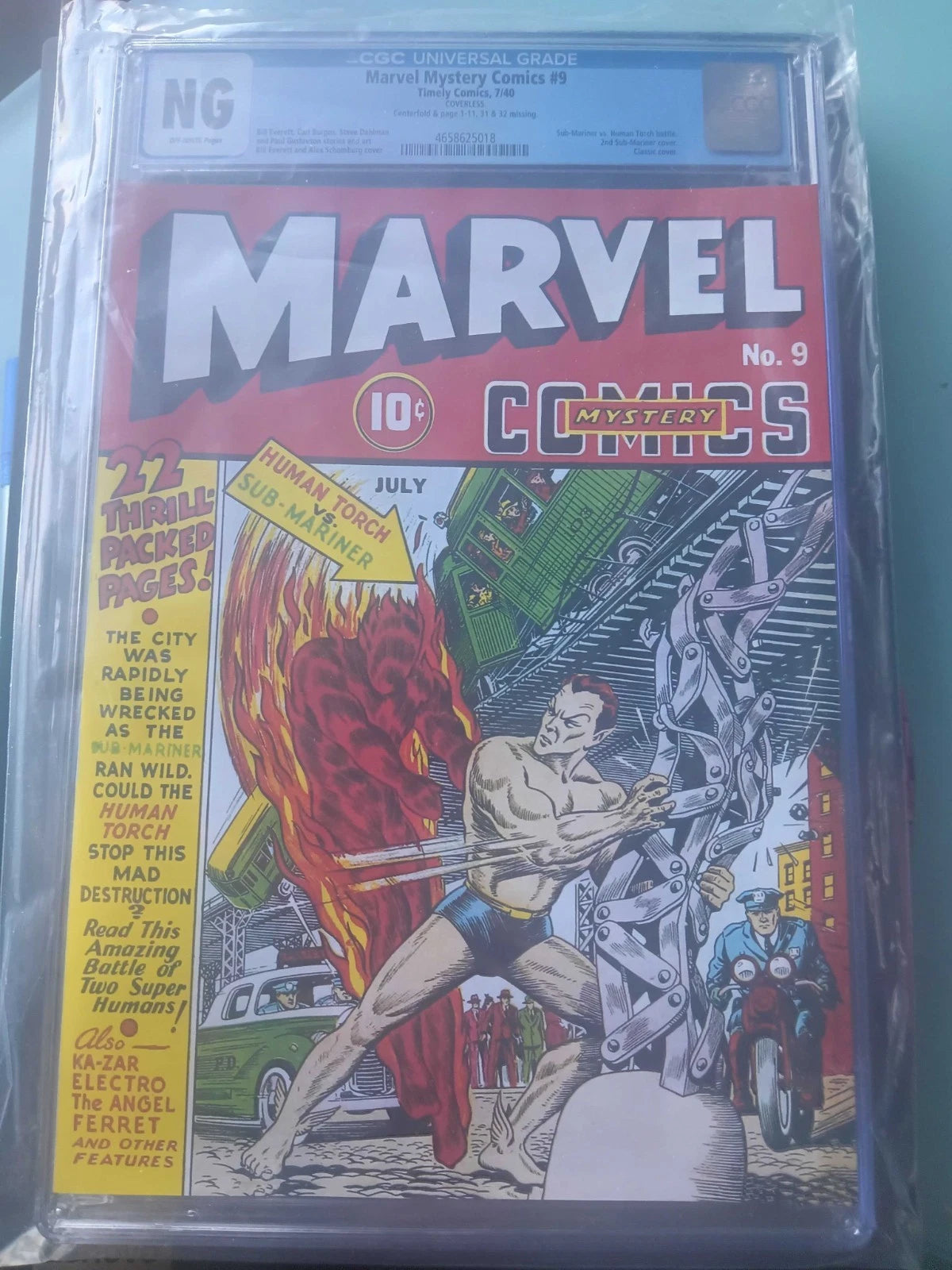 Marvel Mystery #9 CGC NG Timely 1940 Classic Human Torch Sub Mariner